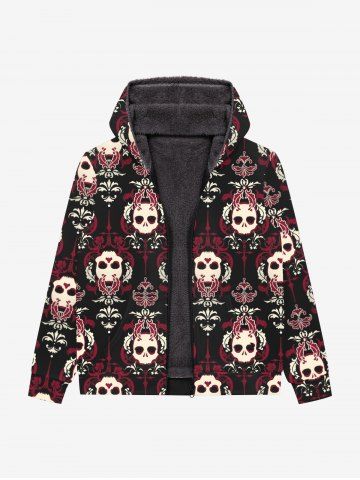 Gothic Skulls Leafs Print Zipper Pocket Fleece Lining Hoodie For Men - BLACK - 6XL