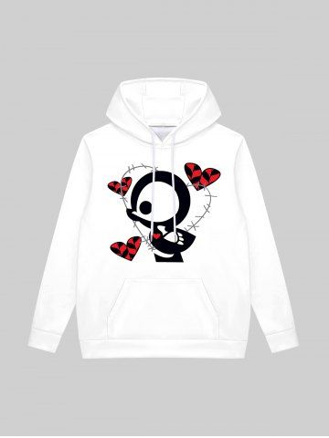 Gothic Cute Skull Duck Heart Print Pocket Drawstring Fleece Lining Pullover Hoodie For Men - WHITE - M