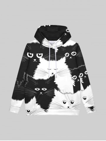 Gothic Cute Cat Print Pocket Drawstring Fleece Lining Pullover Hoodie For Men - BLACK - M