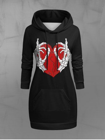 Gothic Skeleton Hand Broken Heart Print Pocket Drawstring Pullover Hoodie - BLACK - L