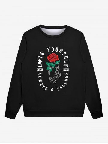 Gothic Rose Flower Leaf Skeleton Hand Letters Print Valentines Pullover Sweatshirt For Men - BLACK - 2XL