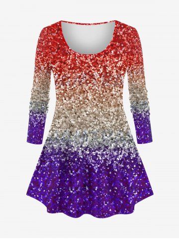 Plus Size Ombre Colorblock Sparkling Sequin Glitter 3D Print Long Sleeve T-shirt - MULTI-A - 6X