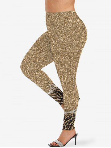 Plus Size 3D Faux Pearl Glitter Sequins Leopard Print Skinny Leggings - COFFEE - S