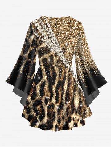 Plus Size Flare Sleeves 3D Faux Pearl Rhinestone Glitter Sparkling Sequins Leopard Print Lattice Top