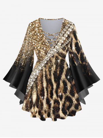 Plus Size Flare Sleeves 3D Faux Pearl Rhinestone Glitter Sparkling Sequins Leopard Print Lattice Top - COFFEE - L