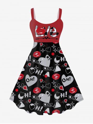 Plus Size Heart Lip Plaid Letters Diamond Print Valentines A Line Tank Dress - BLACK - XS
