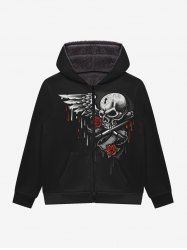 Gothic Skulls Wing Bloody Rose Flower Print Pocket Zipper Fleece Lining Hoodie For Men -  