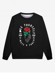 Gothic Rose Flower Leaf Skeleton Hand Letters Print Valentines Pullover Sweatshirt For Men -  