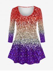 Plus Size Ombre Colorblock Sparkling Sequin Glitter 3D Print Long Sleeve T-shirt -  
