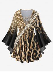 Plus Size Flare Sleeves 3D Faux Pearl Rhinestone Glitter Sparkling Sequins Leopard Print Lattice Top -  