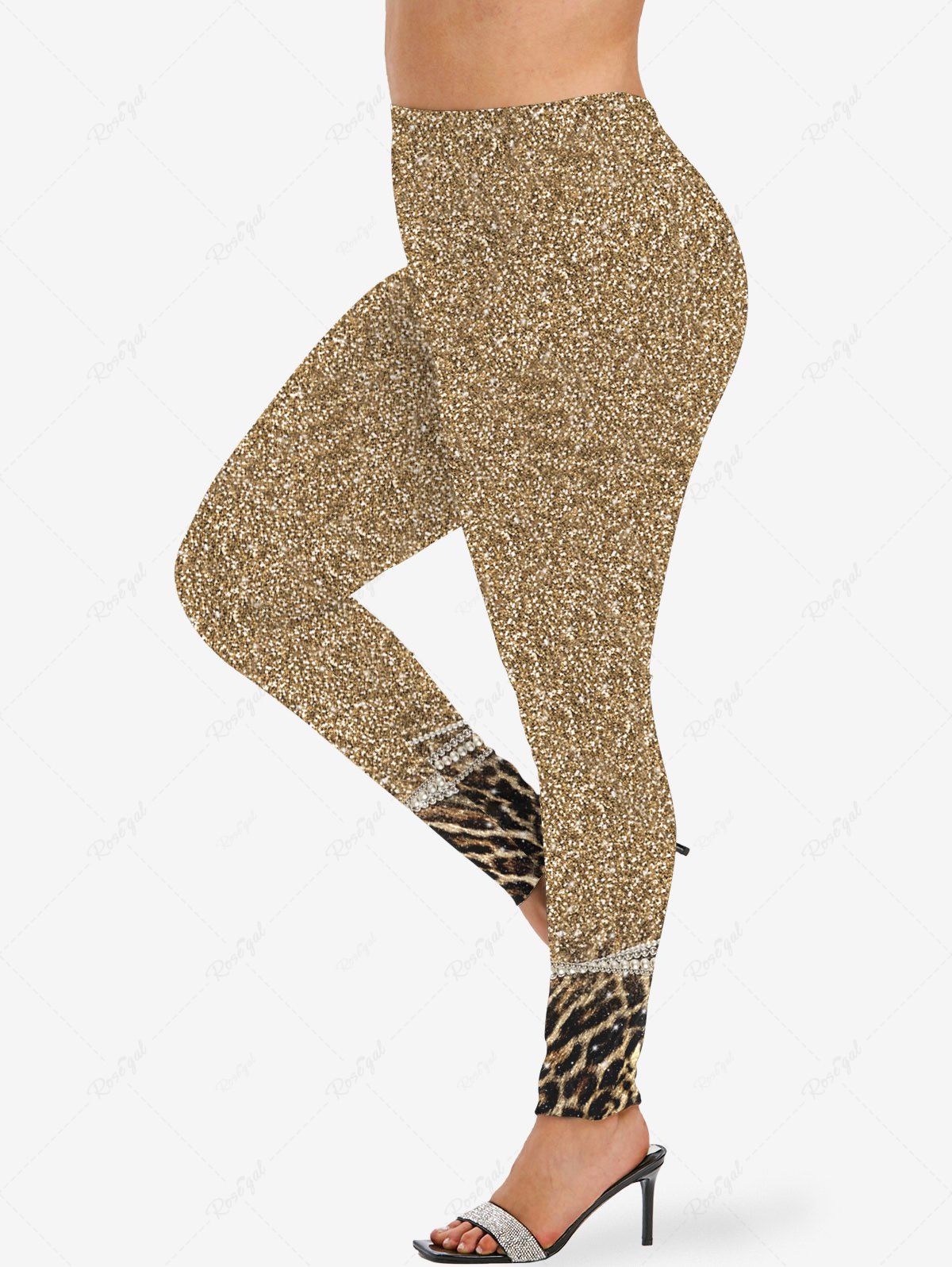 Trendy Plus Size 3D Faux Pearl Glitter Sequins Leopard Print Skinny Leggings  
