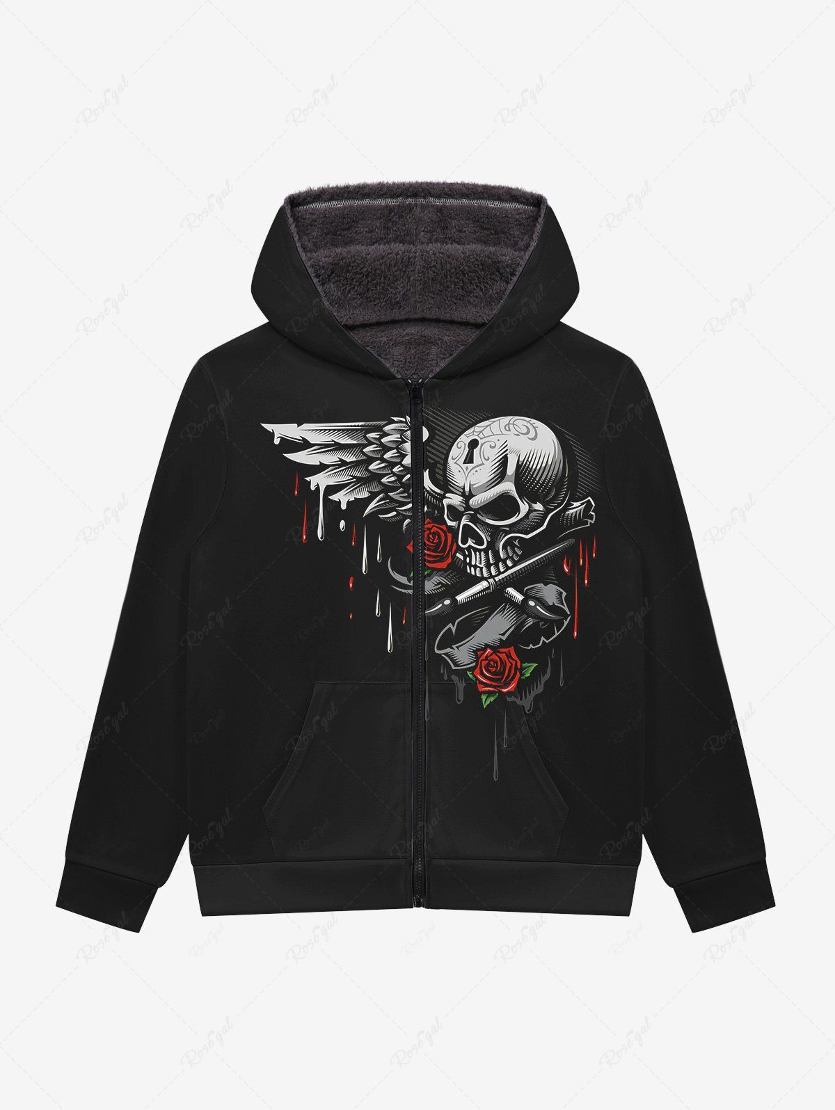 Outfit Gothic Skulls Wing Bloody Rose Flower Print Pocket Zipper Fleece Lining Hoodie For Men  