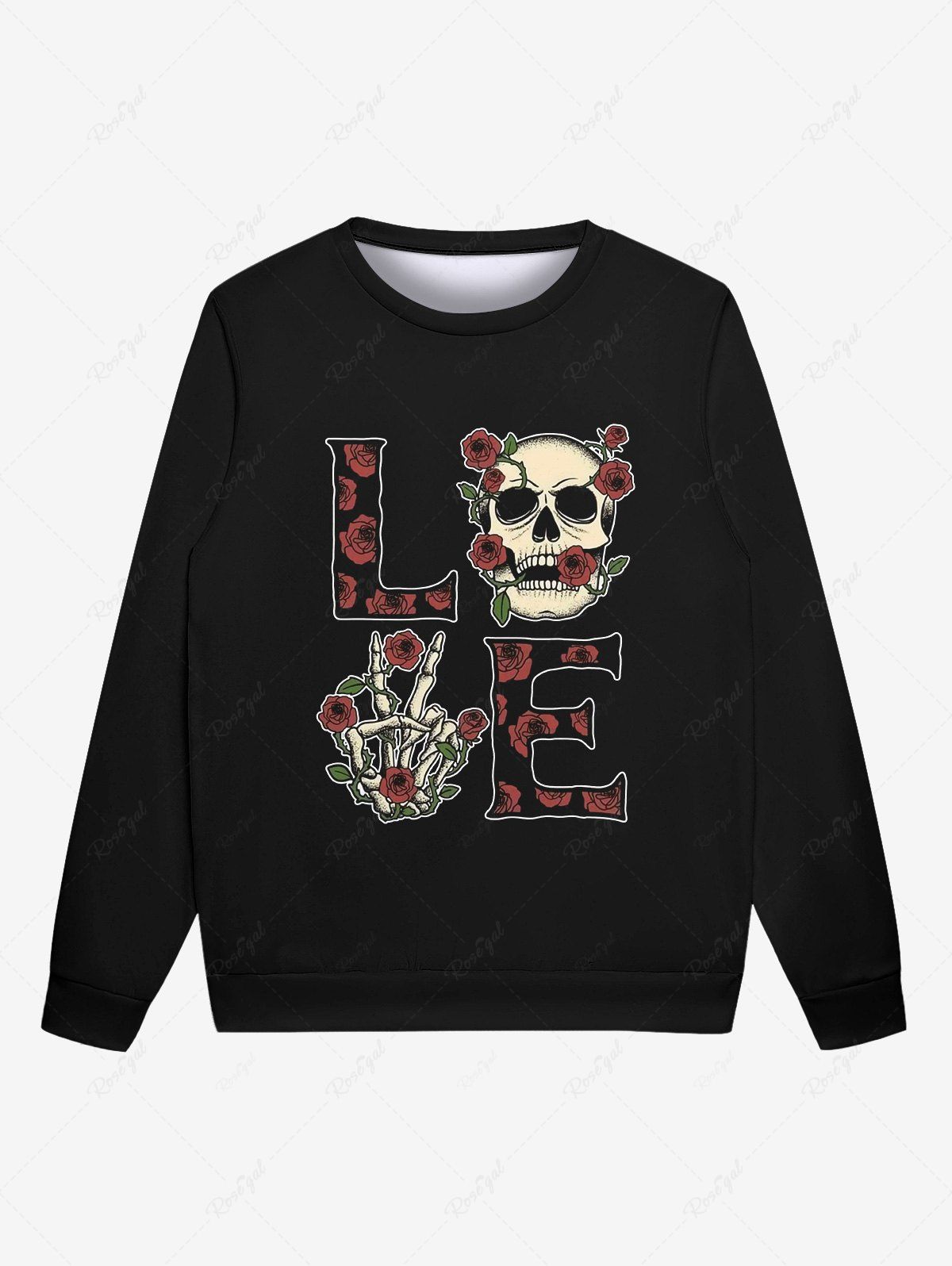 Fancy Gothic Skull Skeleton Hand Rose Flower Letters Print Pullover Valentines Sweatshirt For Men  