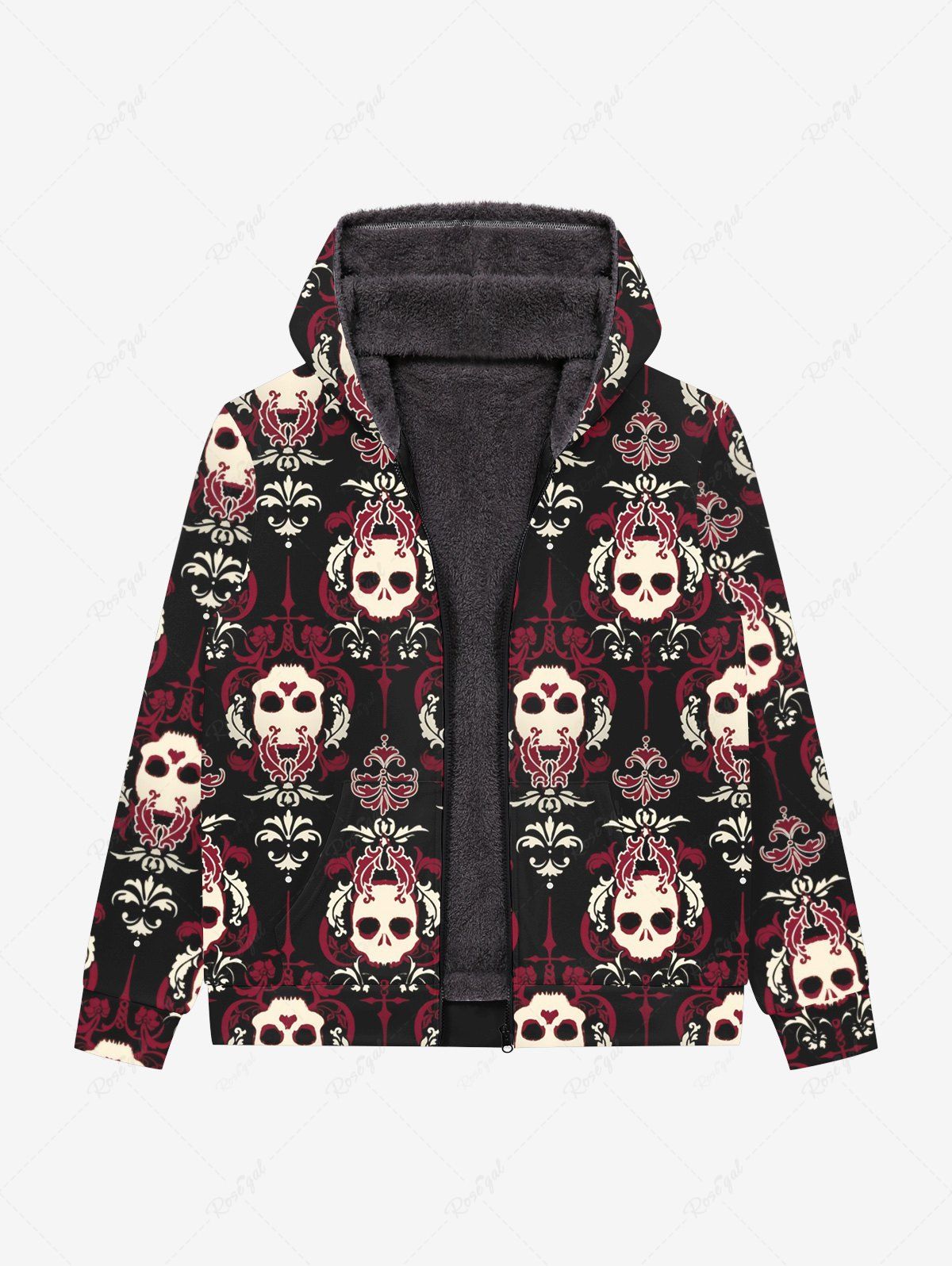 Outfit Gothic Skulls Leafs Print Zipper Pocket Fleece Lining Hoodie For Men  
