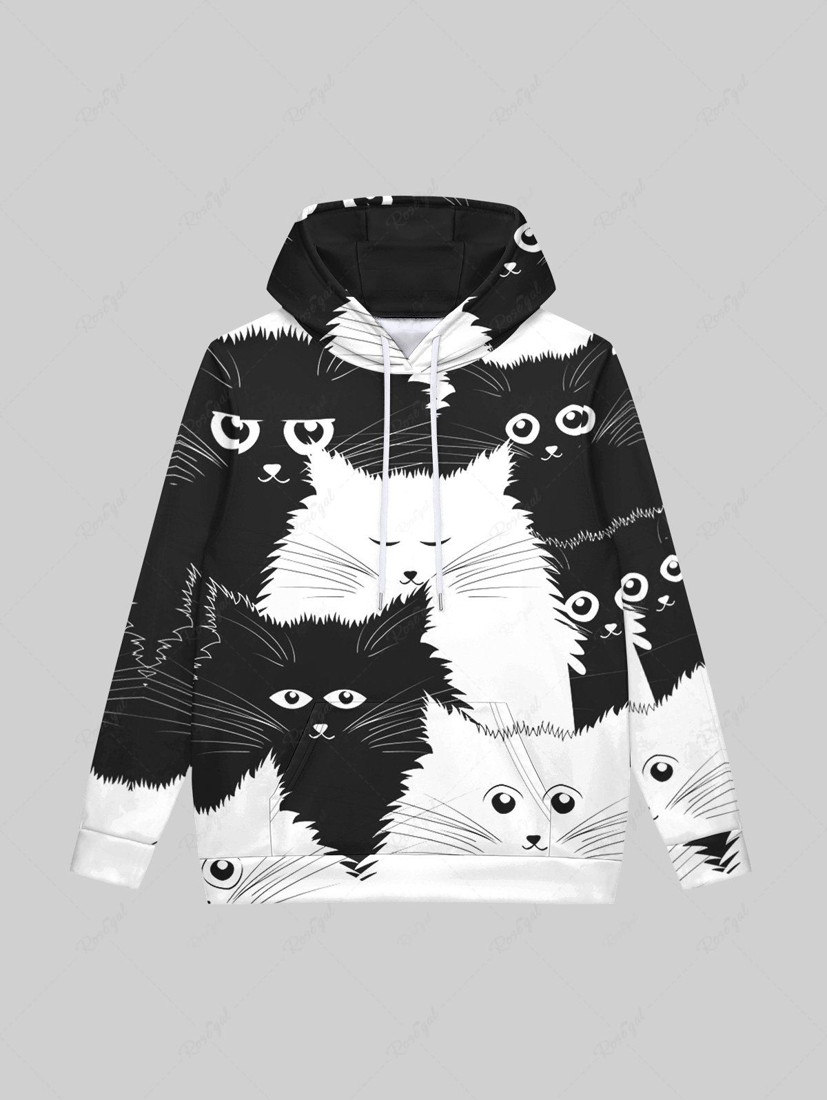 Trendy Gothic Cute Cat Print Pocket Drawstring Fleece Lining Pullover Hoodie For Men  