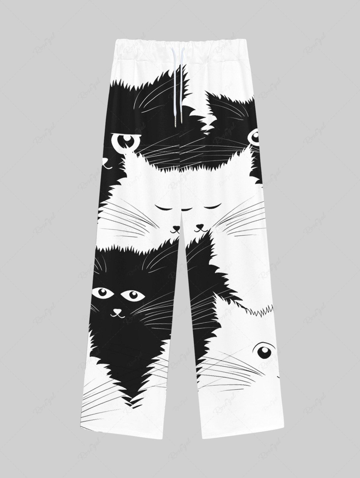 Unique Gothic Cut Cat Print Drawstring Pull On Wide Leg Sweatpants For Men  