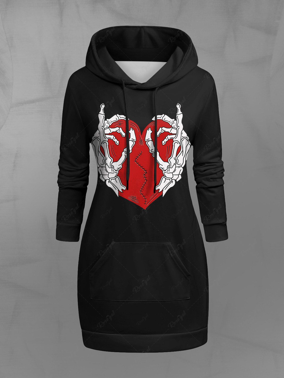 Shop Gothic Skeleton Hand Broken Heart Print Pocket Drawstring Pullover Hoodie  
