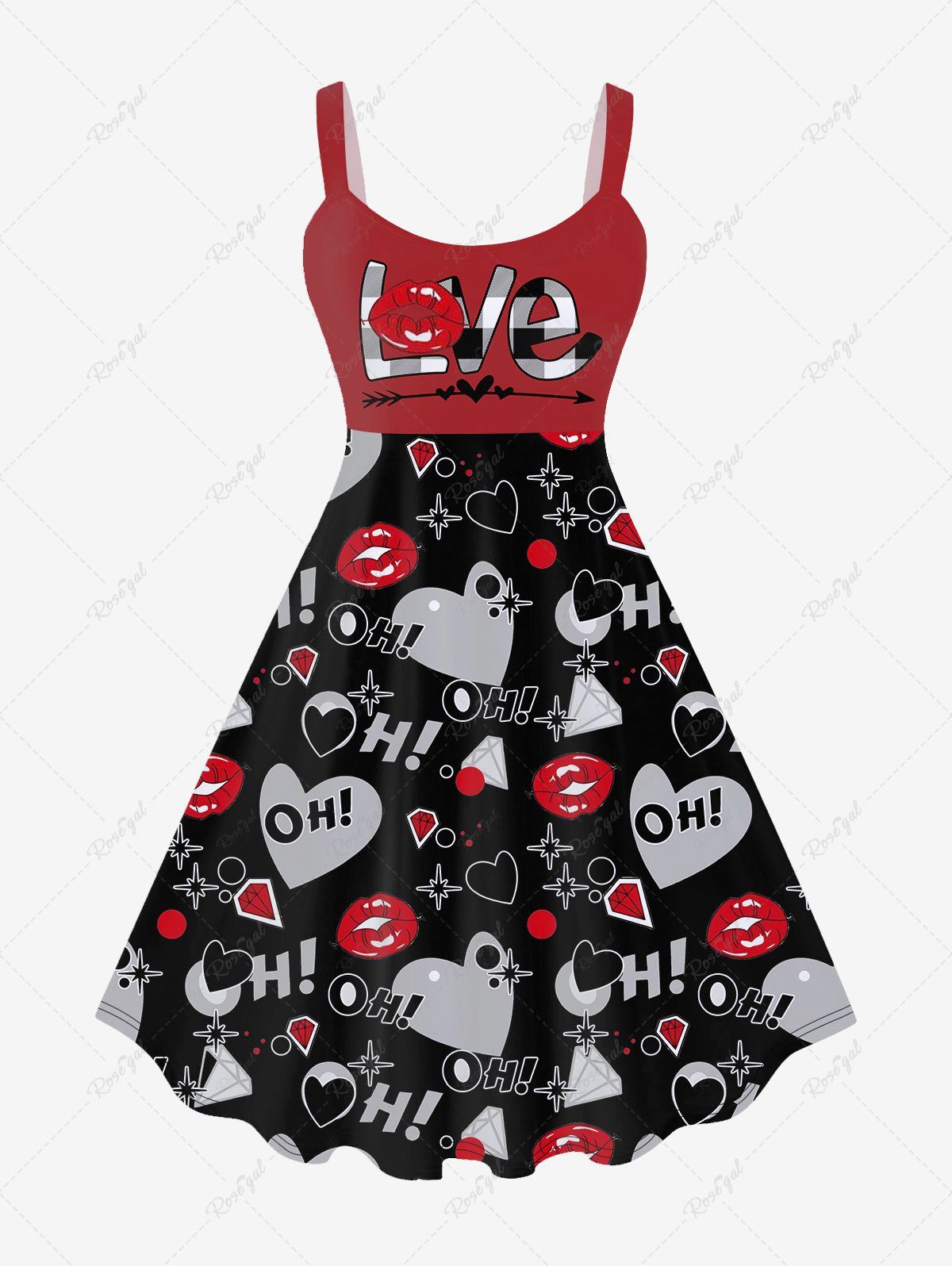 Store Plus Size Heart Lip Plaid Letters Diamond Print Valentines A Line Tank Dress  