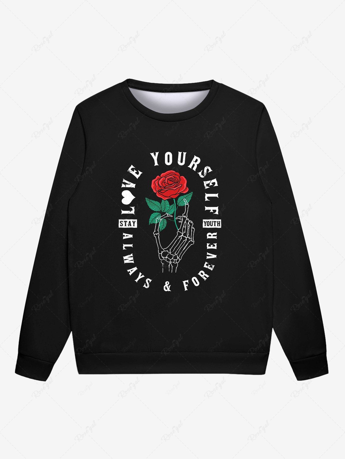 Buy Gothic Rose Flower Leaf Skeleton Hand Letters Print Valentines Pullover Sweatshirt For Men  