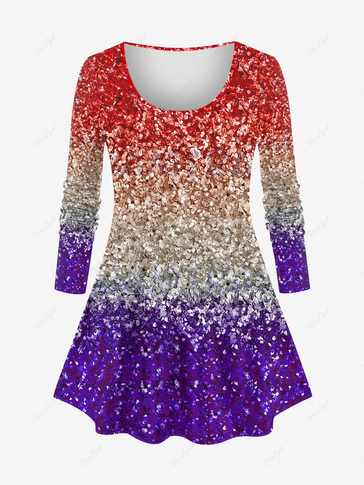 Cheap Plus Size Ombre Colorblock Sparkling Sequin Glitter 3D Print Long Sleeve T-shirt  