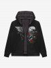 Gothic Skulls Wing Bloody Rose Flower Print Pocket Zipper Fleece Lining Hoodie For Men -  