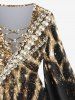 Plus Size Flare Sleeves 3D Faux Pearl Rhinestone Glitter Sparkling Sequins Leopard Print Lattice Top -  