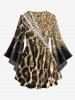 Plus Size Flare Sleeves 3D Faux Pearl Rhinestone Glitter Sparkling Sequins Leopard Print Lattice Top -  