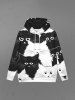 Gothic Cute Cat Print Pocket Drawstring Fleece Lining Pullover Hoodie For Men -  