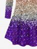 Plus Size Ombre Colorblock Sparkling Sequin Glitter 3D Print Long Sleeve T-shirt -  