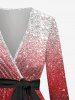 Plus Size Ombre Colorblock Sparkling Sequin Glitter 3D Print Poet Sleeve Surplice Blouse With Belt -  
