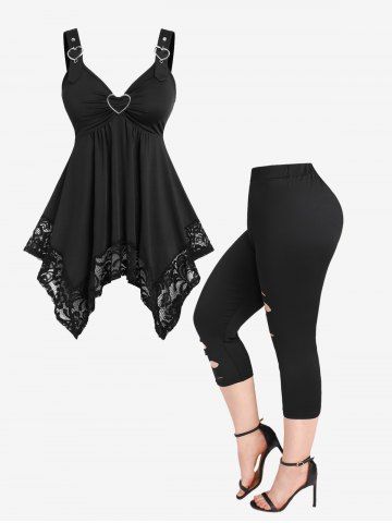 Lace Panel Heart-ring Buckles Hanky Hem Tank Top and Cutout Leggings Plus Size Outfit
