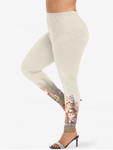 Plus Size Cats Flowers Glitter Sparkling Sequin 3D Print Leggings - BEIGE - 3X