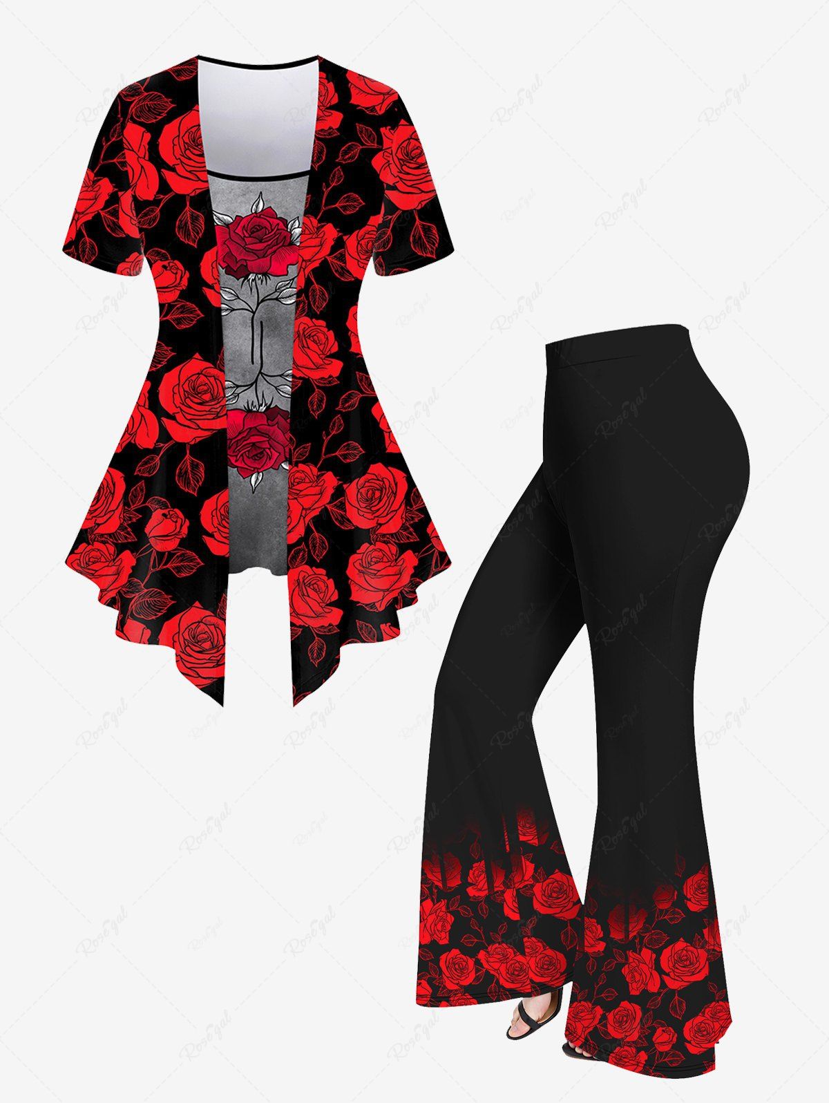 Trendy Flower Printed 2 In 1 T-shirt and Flare Pants Plus Size Matching Set  