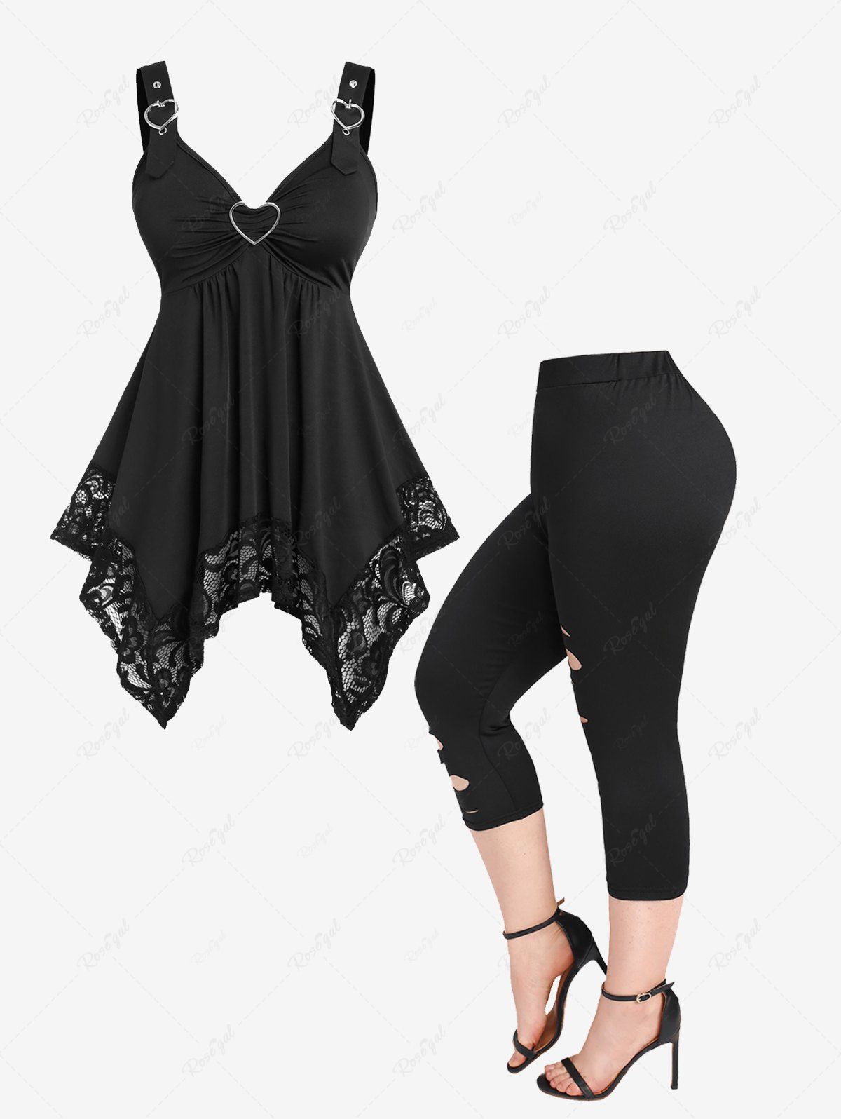 New Lace Panel Heart-ring Buckles Hanky Hem Tank Top and Cutout Leggings Plus Size Outfit  