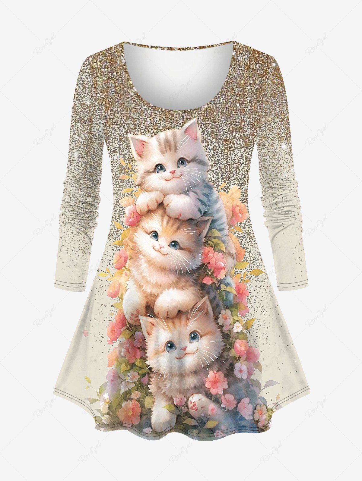 Trendy Plus Size Cats Flowers Sparkling Sequin Glitter 3D Print Long Sleeve T-shirt  
