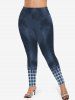 Plus Size Plaid Tie Dye Print Ombre Skinny Leggings -  