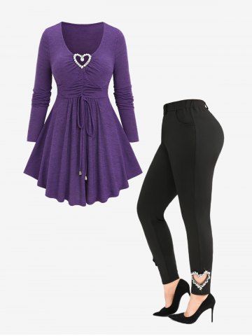 Sparkling Heart Cinched T-shirt and Pockets Skinny Leggings Plus Size Outfit