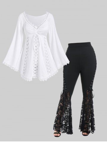 Lace Trim Cinched Flare Sleeves Tee and Lace Flare Pants Plus Size Outfit - WHITE