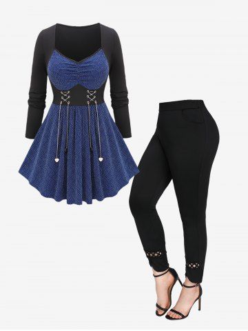 Chain Lace Up Two Tone Knitted Corset Top and Skinny Leggings Plus Size Outfit - BLUE