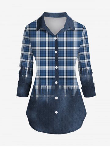 Plus Size Turn-down Collar Plaid Printed Ombre Buttons Long Sleeves Shirt - DEEP BLUE - XS