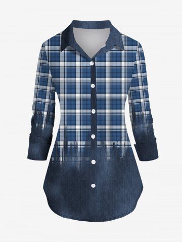 Plus Size Turn-down Collar Plaid Printed Ombre Buttons Long Sleeves Shirt - DEEP BLUE - M