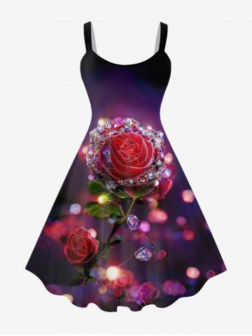 Plus Size Glitter Sparkling Rhinestone Rose Flower Leaf Print Valentines Ombre A Line Tank Dress - CONCORD - M