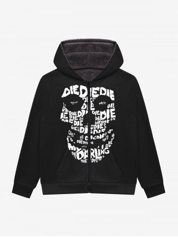Gothic Letters Skulls Print Zipper Pocket Fleece Lining Hoodie For Men - BLACK - XL
