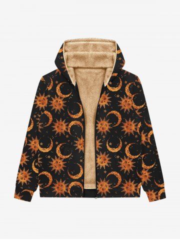 Gothic Sun Moon Star Face Print Zipper Pocket Fleece Lining Hoodie For Men - BLACK - S