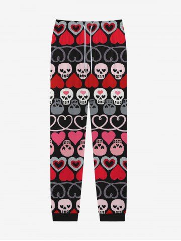Gothic Heart Skulls Striped Print Pocket Drawstring Valentines Sweatpants For Men - BLACK - XXS