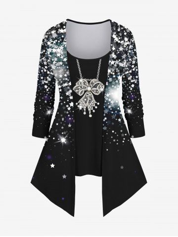 Plus Size Chain Bowknot Stars Sparkling Sequin Glitter 3D Print 2 In 1 T-shirt - BLACK - XS