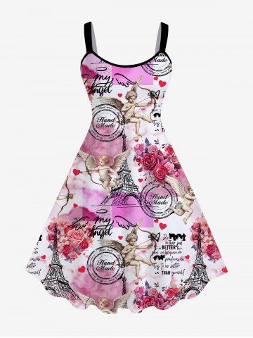 Plus Size Rose Flower Heart Colorblock Cupid Letters Eiffel Tower Print Valentines A Line Tank Dress - WHITE - 2X