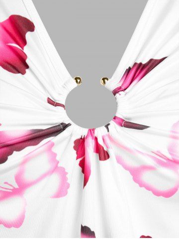 Plus Size Ombre Butterfly Print U Ring Buckle Cinched A Line Skirted Short Sleeves T-shirt