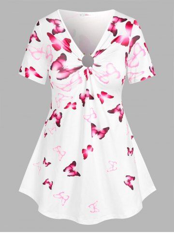 Plus Size Ombre Butterfly Print U Ring Buckle Cinched A Line Skirted Short Sleeves T-shirt - WHITE - L | US 12
