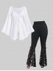 Lace Trim Cinched Flare Sleeves Tee and Lace Flare Pants Plus Size Outfit -  